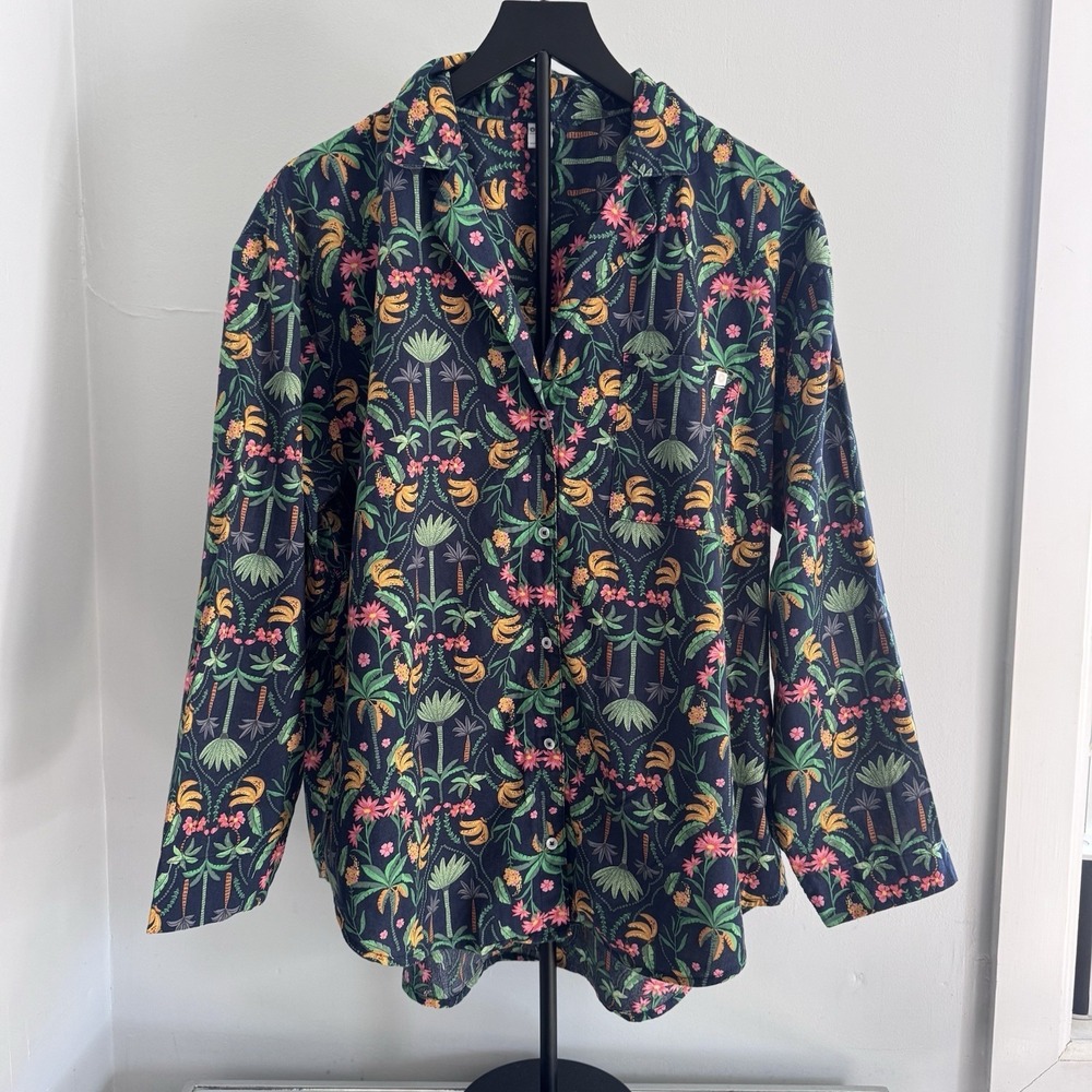 ONLY Tropical Floral Button Shirt Women L Navy Banana Palm Print Cotton